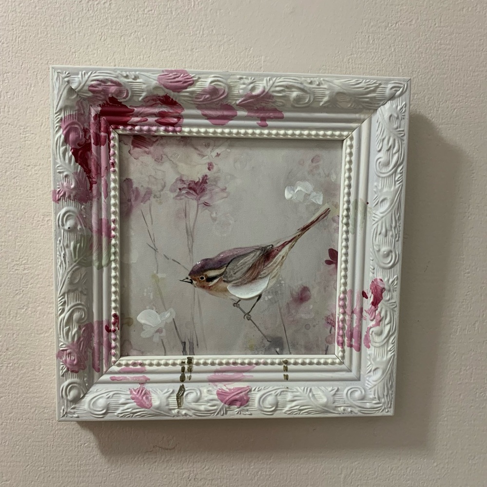 Floral Bird Print in White and Pink Painted Frame